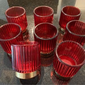 Set of 8 Red Ribbed Glass Candle Holders